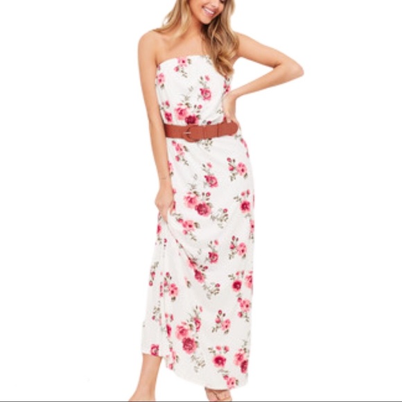 ARDENE Strapless Bandeau Fit Floral Maxi Dress With Belt Ivory/Pink Size Small - Picture 1 of 13
